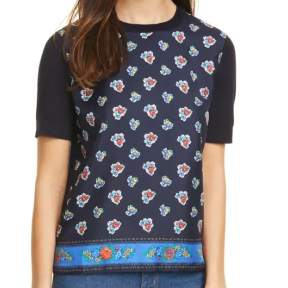 TORY BURCH Women's Floral Print Silk T-shirt Blouse in Navy S/P $375